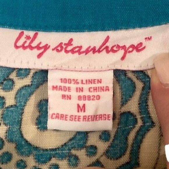 Lily Stanhope 100% Linen Turquoise and Beige Paisley Short Sleeve Blouse with Fr - Picture 2 of 10